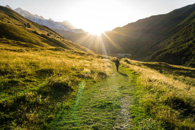 Rear view of mid adult woman walking on field against sky during sunny day