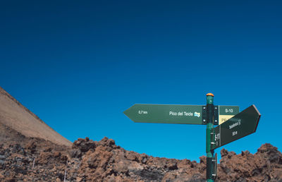 Road sign against clear blue sky