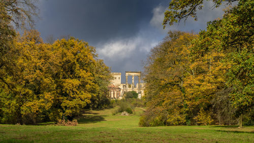 Trees and grass against sky during autumn