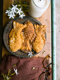 High angle view of cookies on table