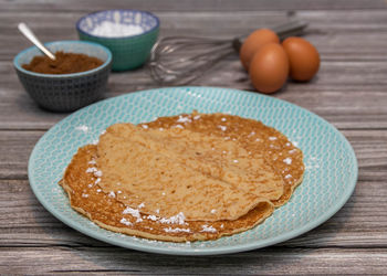 Close-up of breakfast served on table