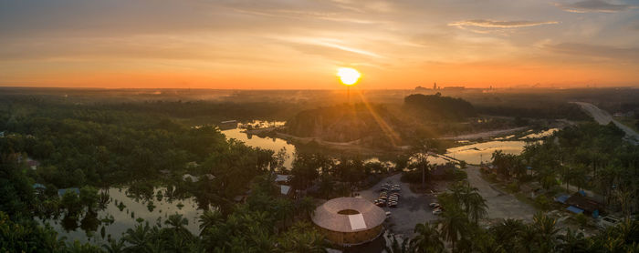 High angle view of landscape against sky during sunset