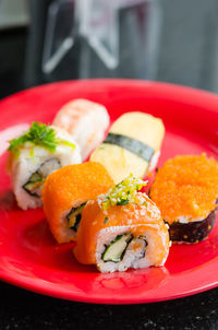 Close-up of sushi served in plate on table