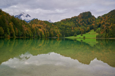 Scenic view of lake by trees against sky