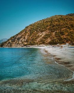 Scenic view of sea against clear blue sky