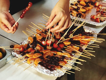 High angle view of person preparing food