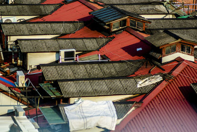 High angle view of houses in city