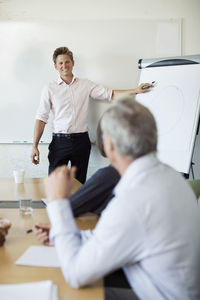 Smiling businessman presenting to colleagues in board room