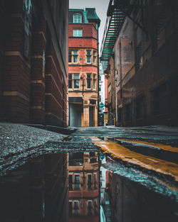 Reflection of buildings in puddle on street