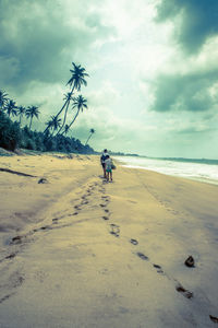 Rear view of person riding horse on beach