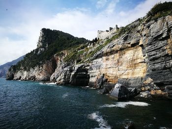 Rock formations by sea against sky