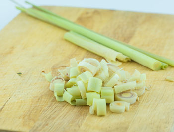 High angle view of chopped vegetables on cutting board