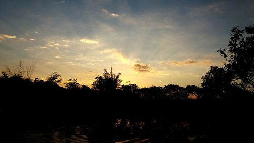 Silhouette trees by lake against sky at sunset