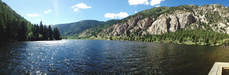 Scenic view of lake and mountains against sky