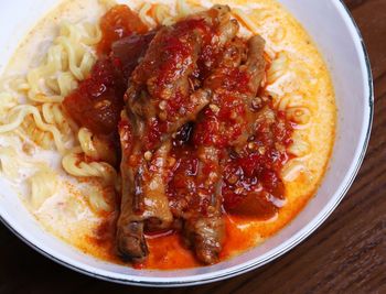 High angle view of pasta in bowl on table