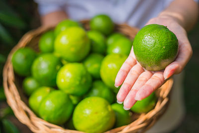 Close-up of hand holding lemon in basket