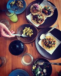 High angle view of breakfast on table