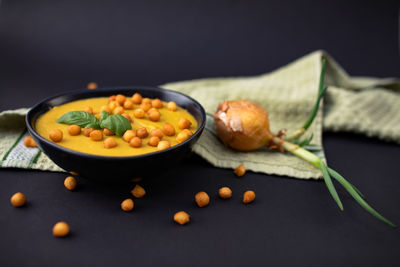 Close-up of food served on table