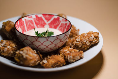 High angle view of breakfast in plate on table