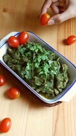 High angle view of vegetables in bowl on table