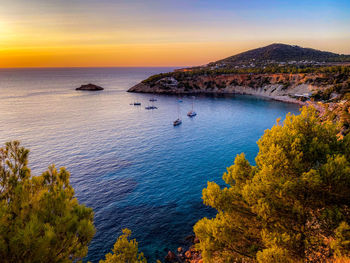 High angle view of sea against sky during sunset