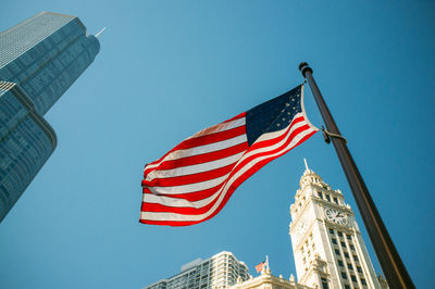 Low angle view of american flag and city buildings against clear blue sky