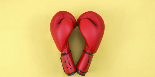 High angle view of hand holding red chili peppers against yellow background