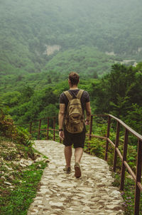 Rear view of man walking on footpath