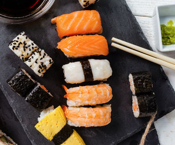 High angle view of sushi in tray