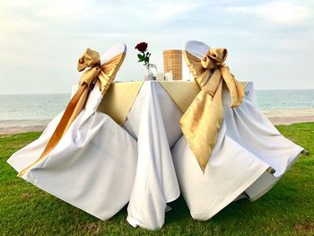 Hooded chairs on field against sea and sky