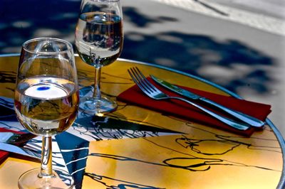 Close-up of wineglasses on table