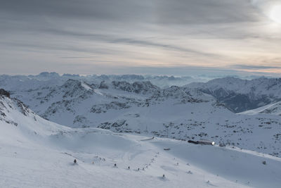 Scenic view of snow covered mountains against sky