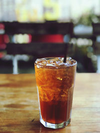 Close-up of ice tea on table