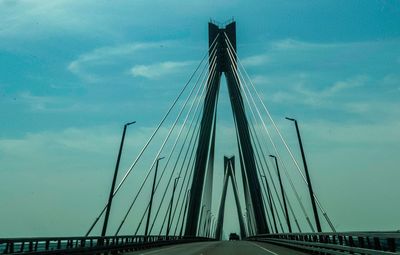 Low angle view of suspension bridge against sky