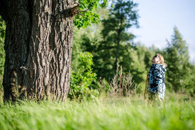 Man standing on grassy field in forest
