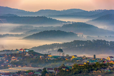 High angle view of landscape against sky during sunset