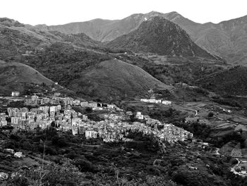 High angle view of landscape against mountains
