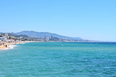 Scenic view of sea against clear blue sky