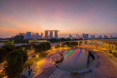 High angle view of buildings against sky during sunset