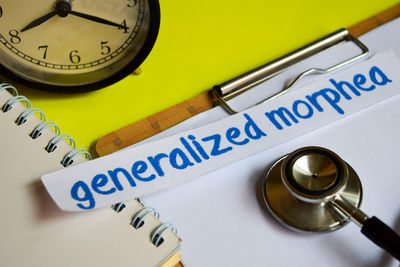 High angle view of text on table