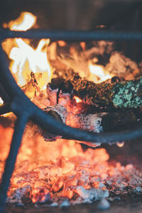 Close-up of bonfire on wood