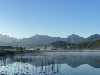 Scenic view of lake and mountains against clear blue sky