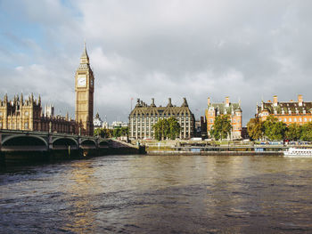 Bridge over river with buildings in background