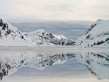 Scenic view of lake and snowcapped mountains against sky