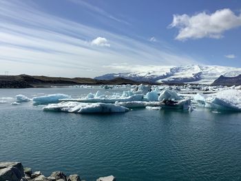 Landscape of glacier lagoon and floating iceberg