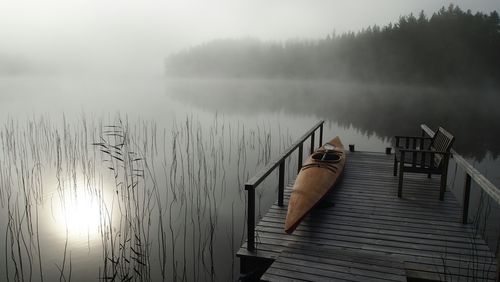 Scenic view of lake during foggy weather