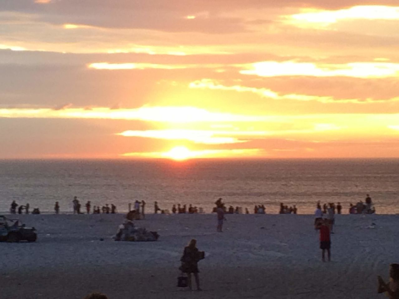 GROUP OF PEOPLE ON BEACH AGAINST SKY DURING SUNSET