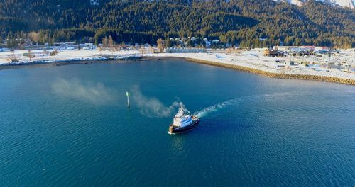 High angle view of ship in sea