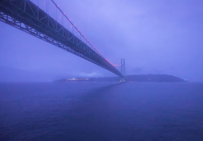 View of suspension bridge over sea against sky