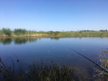 Scenic view of lake against clear blue sky